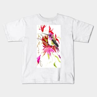 Little Hummingbird and Tropical Red flowers Kids T-Shirt